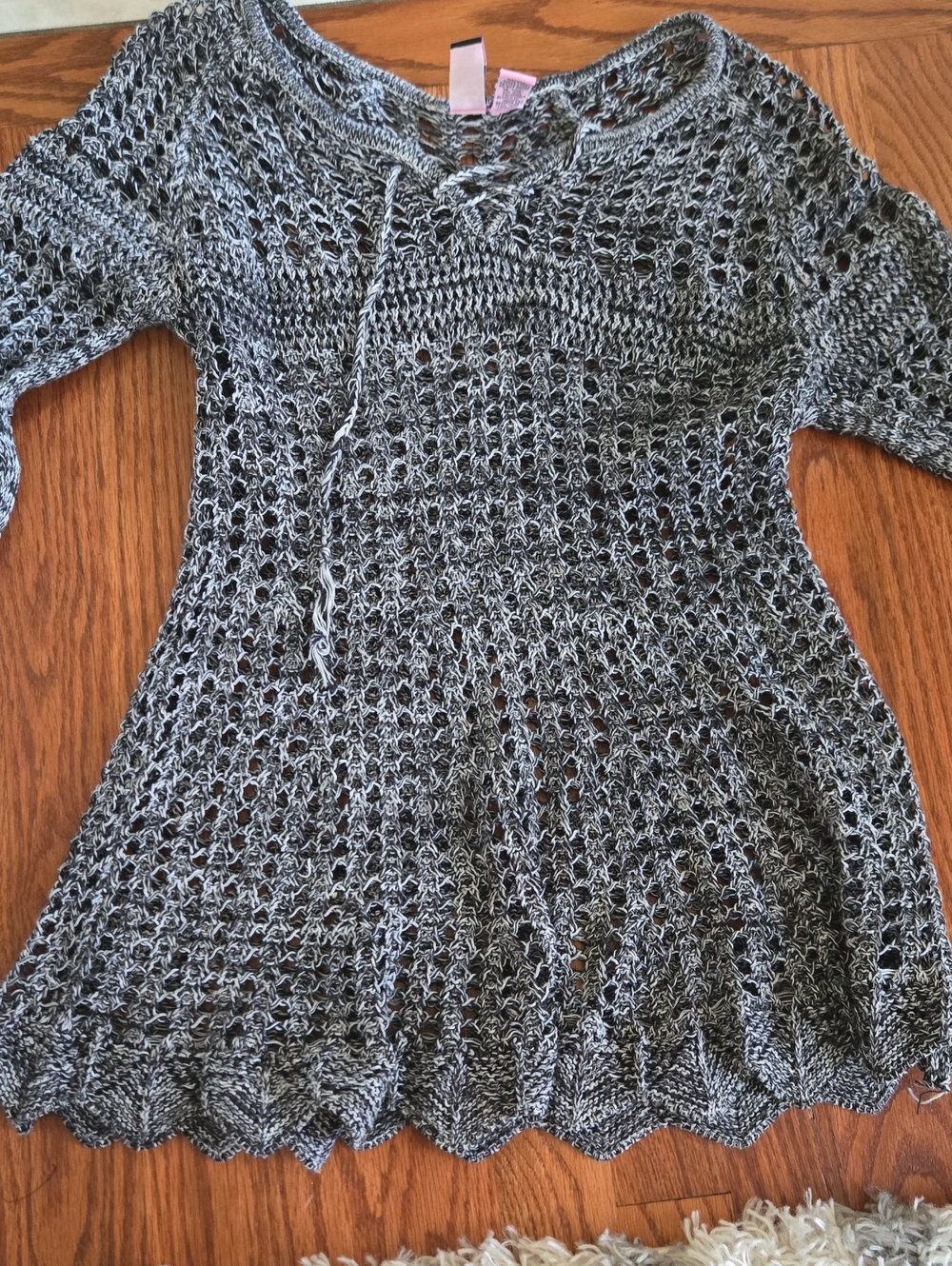 love on a hanger Gray Open-Knit Crochet Peasant Top